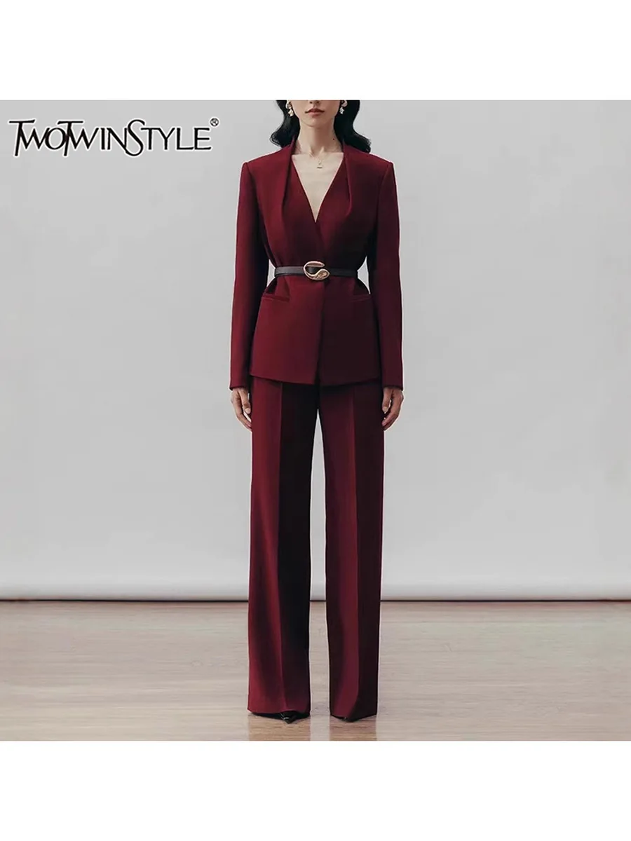 TWOTWINSTYLE Solid Two Piece Set For Women Lapel Long Sleeve Spliced Belt Coat High Waist Pant Slim Sets Female Fashion Style