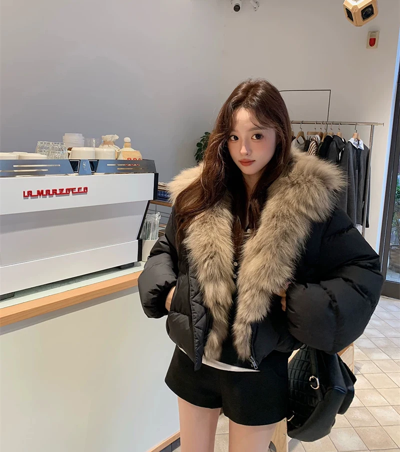 ZAROY Women's Winter Jacket Luxury Fox Fur Collar Puffy Thicken Warm Cotton Short Coat High Street Fashion Outwear Parkas куртка