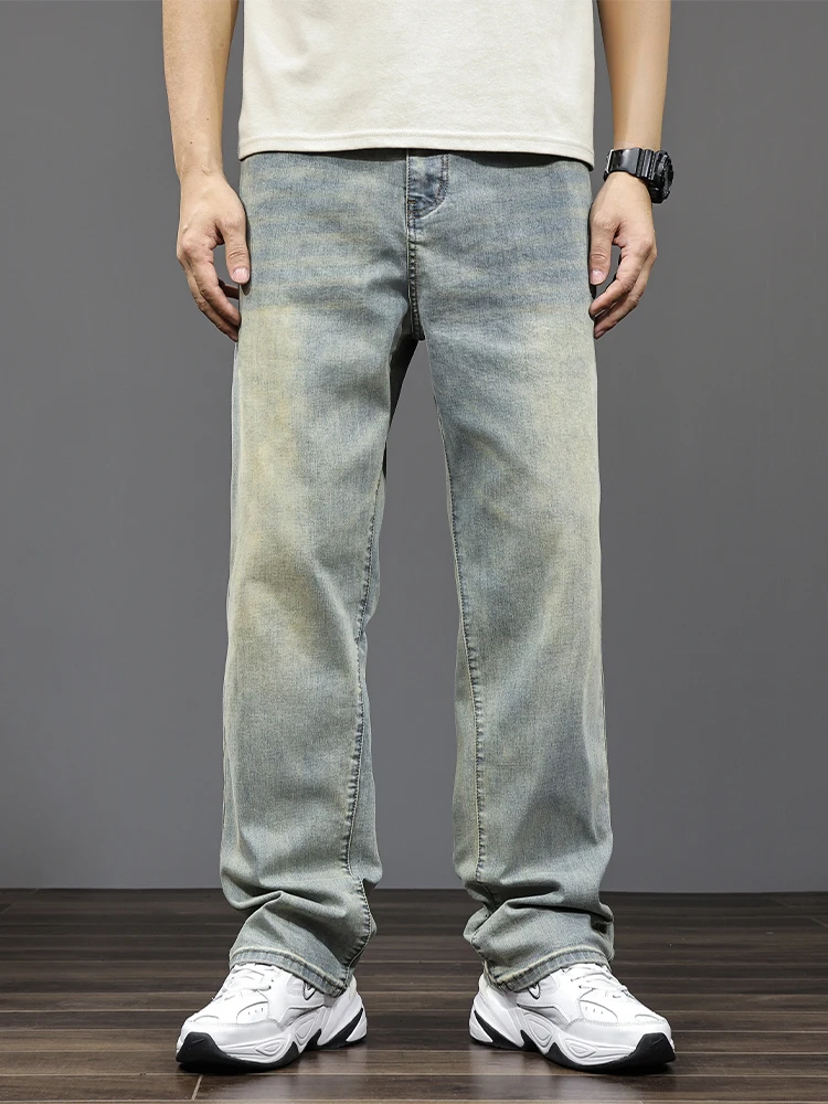 

American Retro Waed Large Size Men's Loose Straight Leg Jeans Yellow Mud Dye Micro Flared High Waist Jeans Casual Cotton Po...