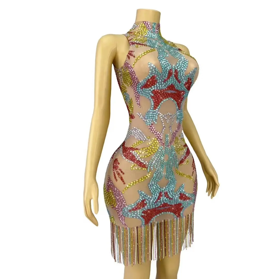 Glamorous Rhinestone Chain Birthday Party Dress Stage Performance Costume Tight Short Dinner Outfit Crystal Embellished Dresses