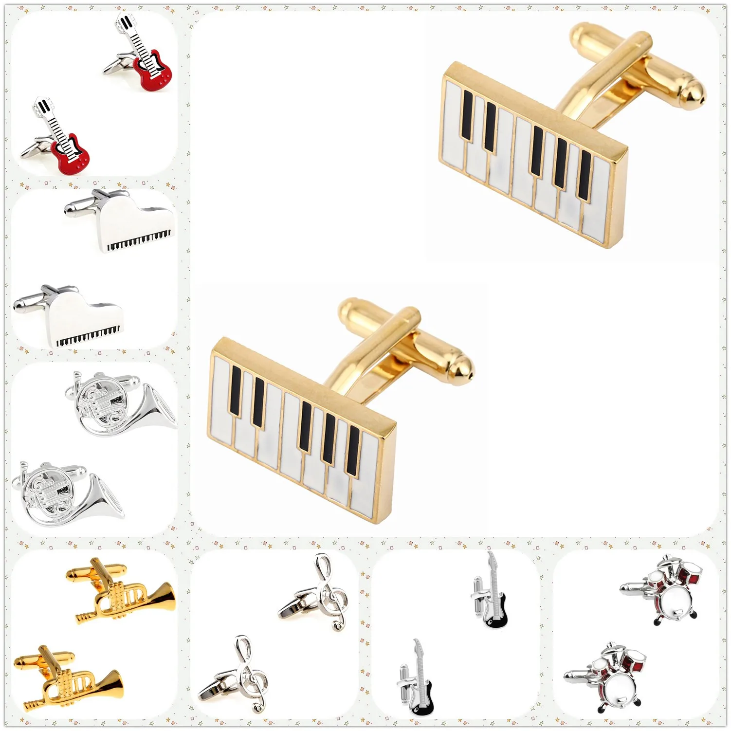 31 Designs Music Cufflinks Men's Fashion Cuff Links Accordion Piano Guitar Violin Drum Sax Bass Cello Radio Headset Trumpet Horn