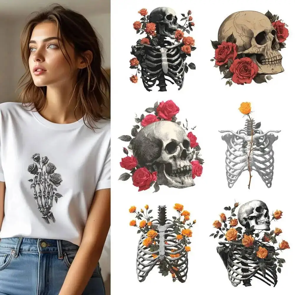 25CM Rose Flower Ribcage Punk Skull Head Heat Transfer Patches For Clothes DIY A-Level Washable Shirt Iron-on Thermal Stickers