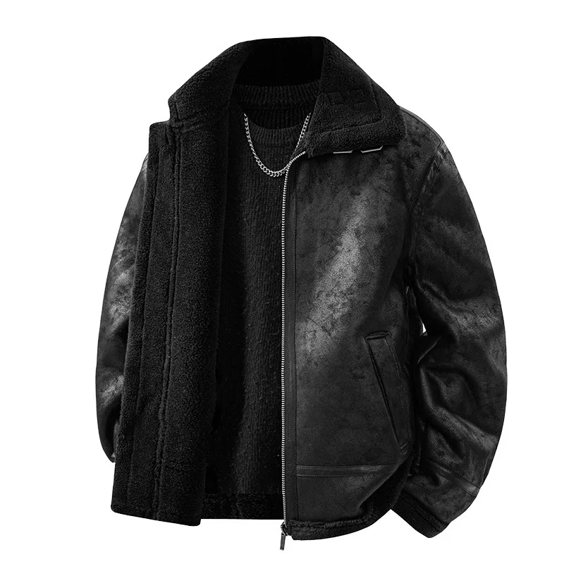 

High Quality High Appearance Level Fur Integrated Flight Suit Men's Fleece Leather Motorcycle Short Jacket Fur Coat