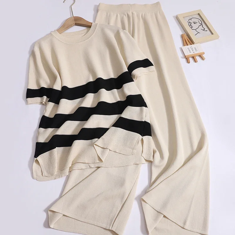 

Women O-neck Short Sleeved Striped Split Top and High Waist Solid Wide Leg Pants Outfit Simple Loose Casual Two-piece New Set