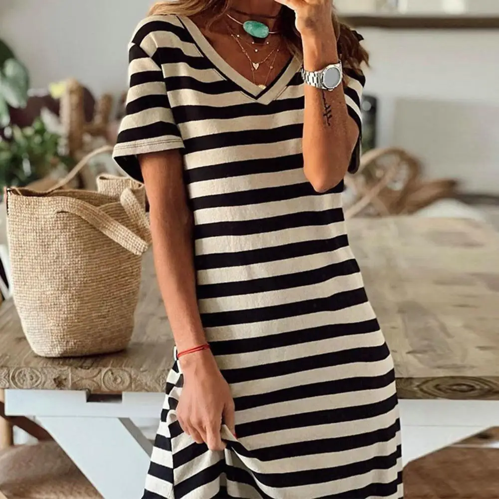 

Striped Print Bodycon Dress For Women 2023 Side Split V Neck Short Sleeves Midi Dres Mid-calf Length Slim Fit Women Dress Robe