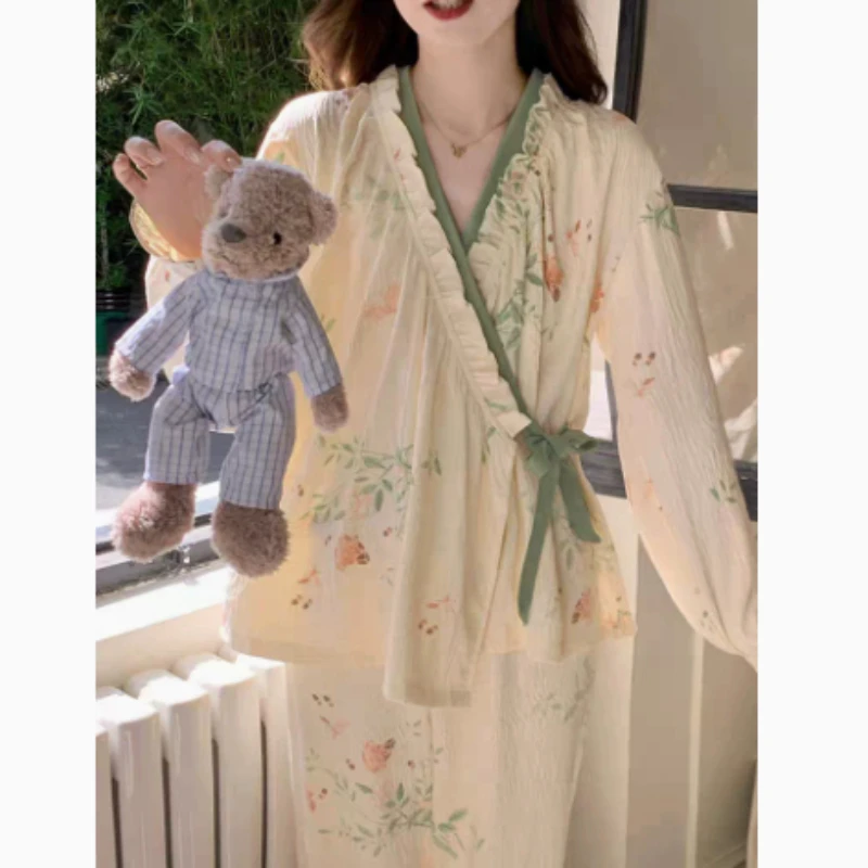 Comfort Women's Pajamas Set V Neck National Style Multi Colors Lace-up Kimono Long-sleeved Robes Loungewear Sleepwear Cloths