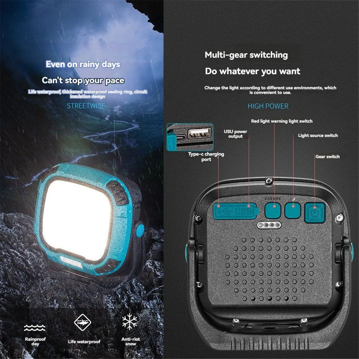 HHTL Portable LED Spotlight Lantern Strong Light Flashlight Outdoor Camping Fishing Emergency Rechargeable Magnetic WorkLamp