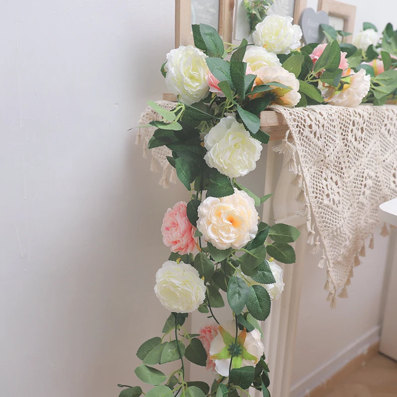 2pcs Silk Artificial Peony Eucalyptus Leaves Fake Flower Vine Hanging Plant Home Wedding Arch Doorways Party Table Garland Decor