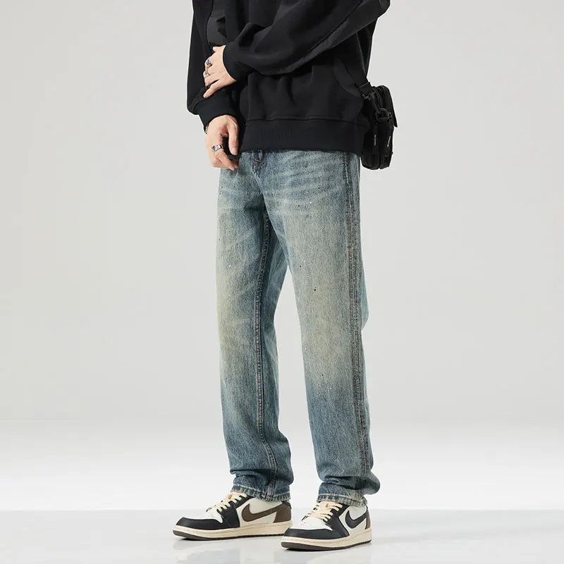 Y2K new men's retro work pants with washed pockets and decorative water, retro stretch slim fit, retro blue work pants,