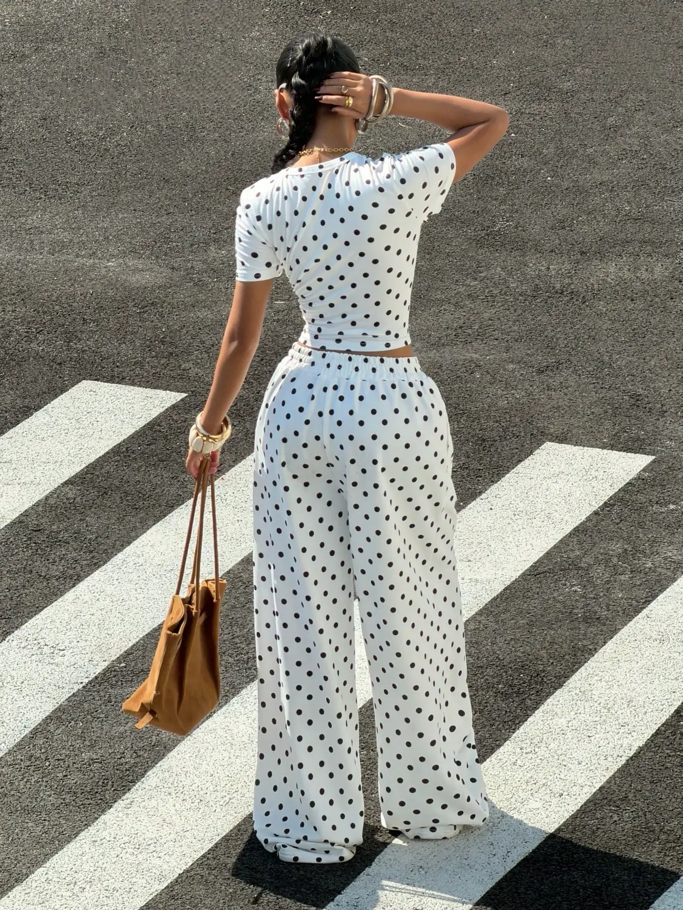 

Polka Dot Print Short Sleeve Crop Top And Loose Wide Leg Pants 2 Piece Set