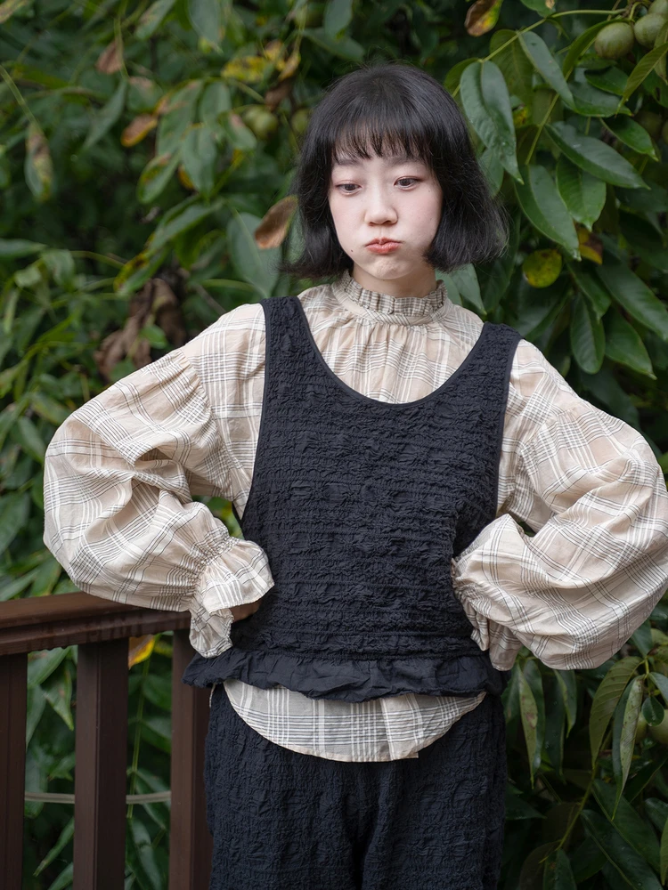 

Bla Pure Cotton Pleated Texture Pattern Vest Simple Sle Women's Outerwear Ultra-ort Length U-Neline No Chest Pad