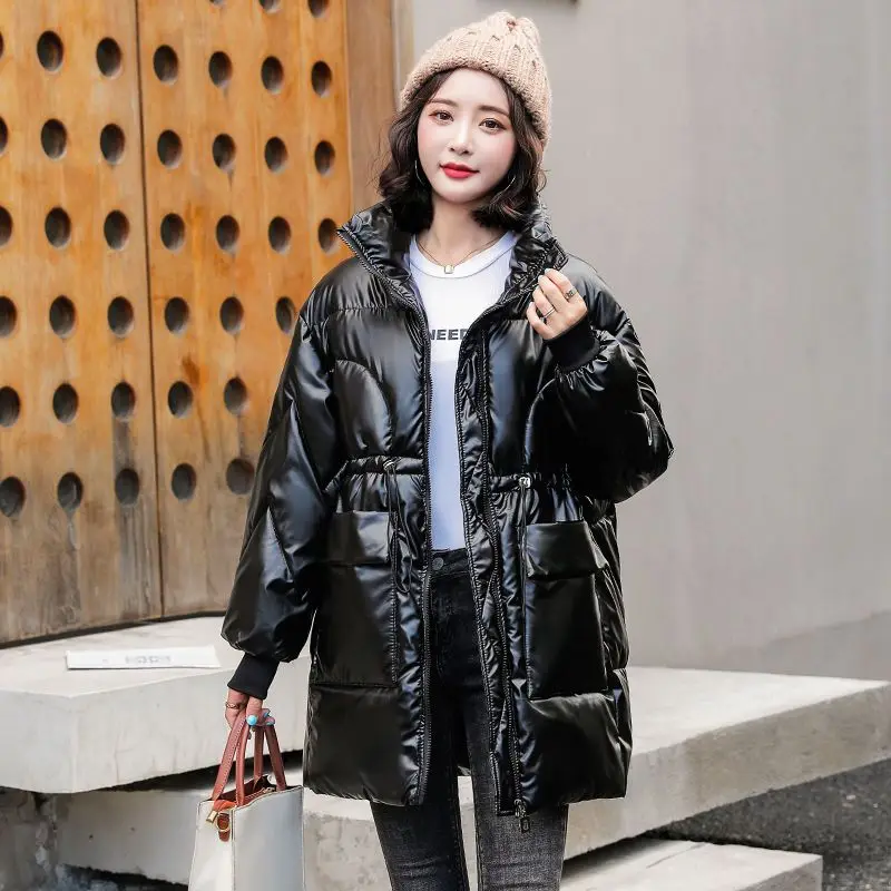 

Women New Korean Mid-length Bright Surface Wash-free Down Cotton Clothing Female Loose Winter Warm Cotton Clothing Coat Cardigan