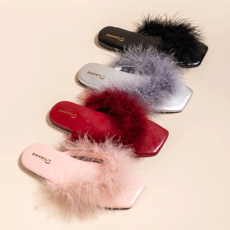 

Fashion Solid Women Flip Flops Turkey Hair Fur Female Flats Slippers Non Slip PU Woman Outdoor Slippers