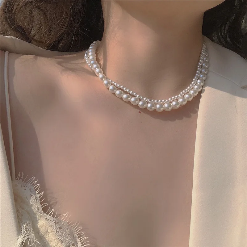 Vintage Court Style Double-Layer Pearl Necklace ~ Advanced Sense All-Matching Hong Kong Style Ins Necklace Choker Short Necklace