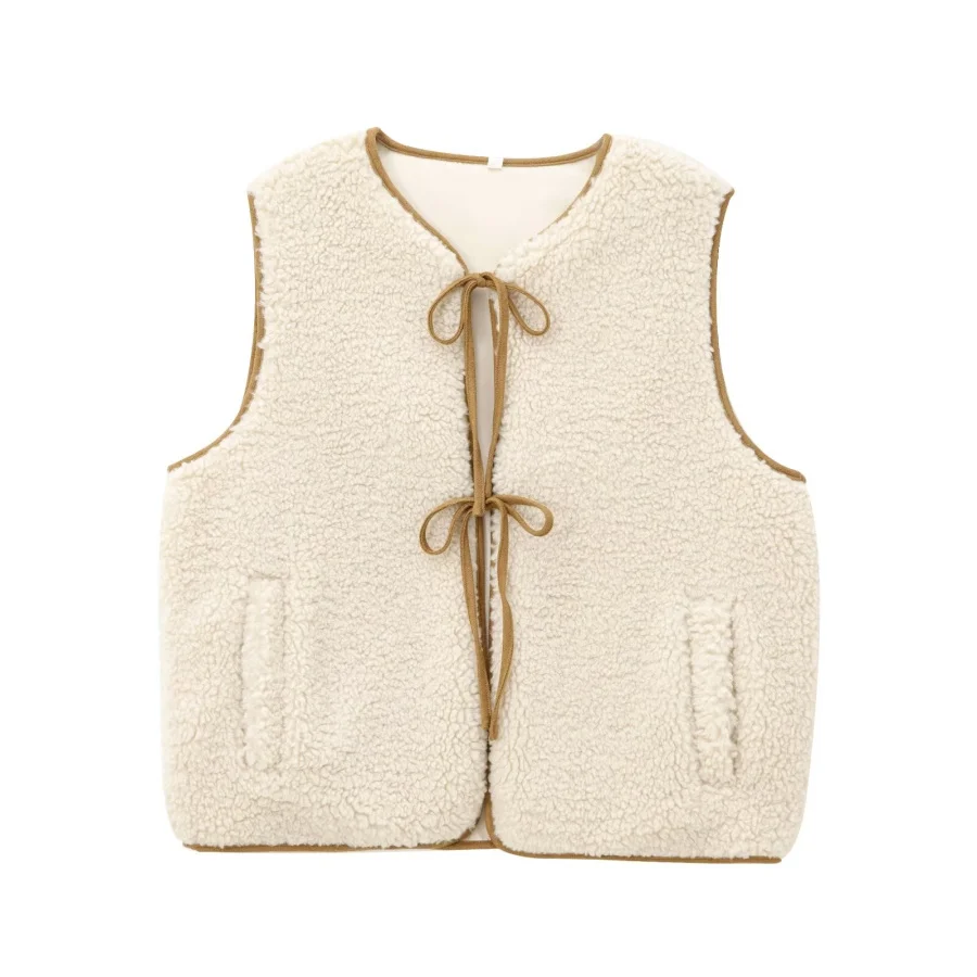 

Lamb-wool lightweight waistcoat women's fleece sleeveless contrast color lace-up circle neck minimalist casual vest