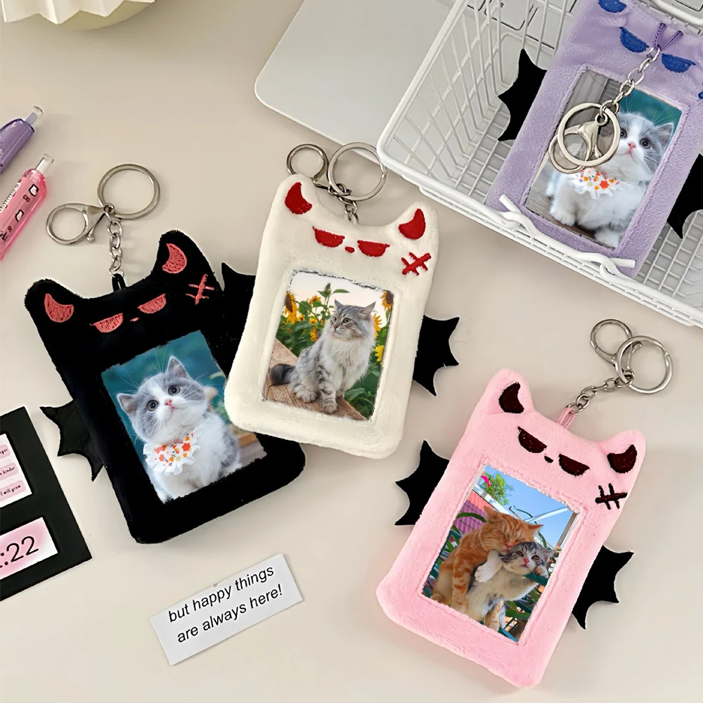INS Cute Bat Demon Plush Photocard Holder InsIdol Photo Sleeve Protective Case Student ID Card Cover With Keychain Pendant
