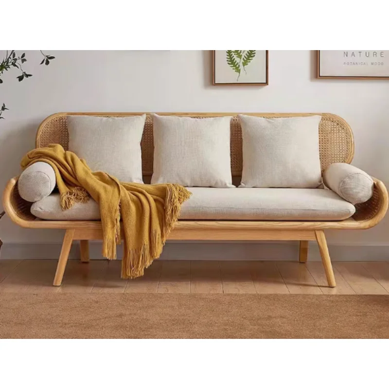 Solid wood rattan three-person sofa log leisure