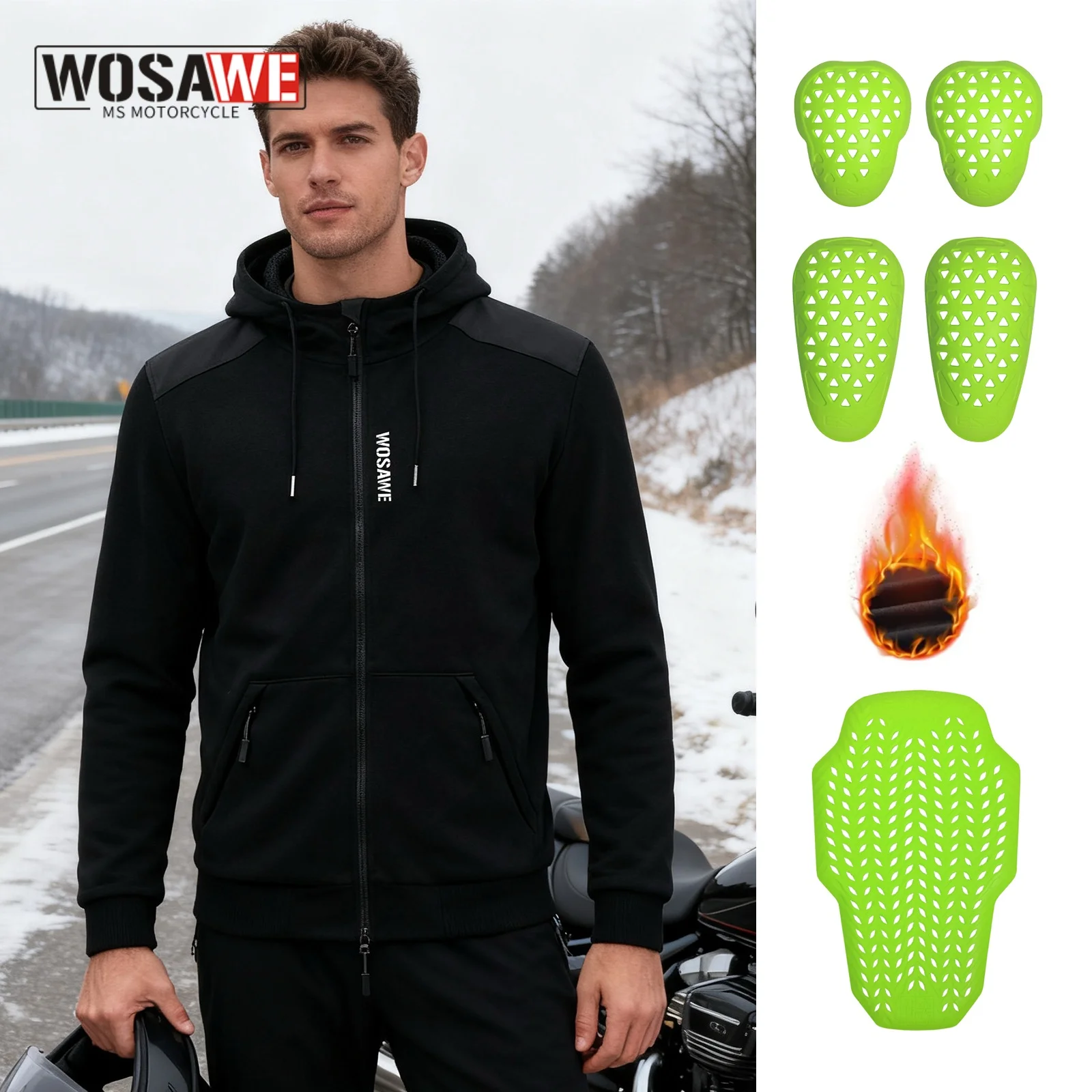 WOSAWE Motorcycle Jacket Winter Warm Motocross Jacket Windproof Motorbike Riding Hoodie Reflective Casual Clothing