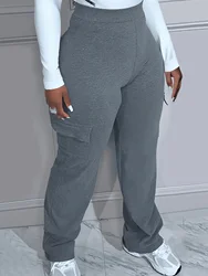 Plus Size Solid Pocket Pants Casual High Waist Pants For Spring & Fall Women's Plus Size Clothing