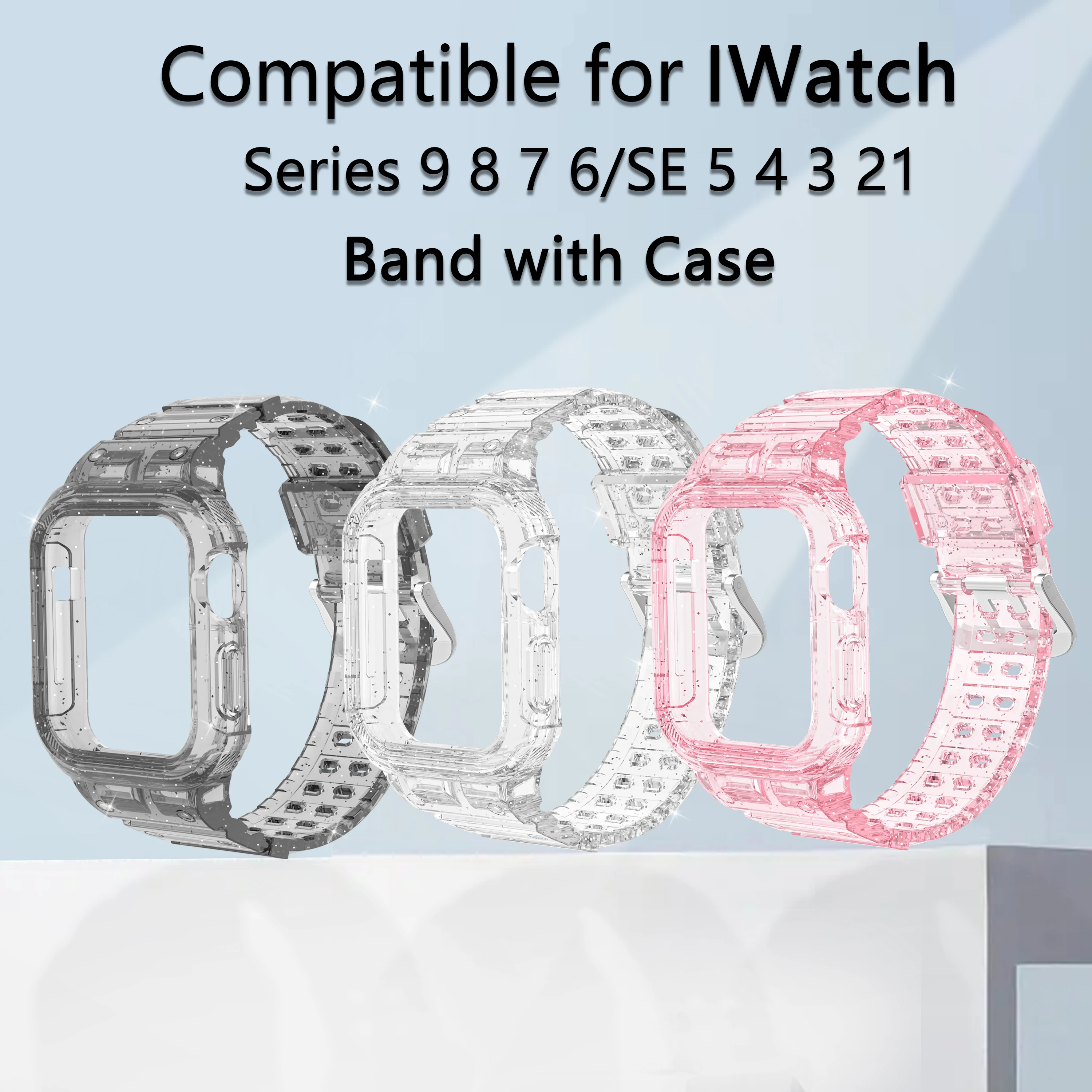 Case+Strap for Apple Watch Band 44mm 40mm 45mm 41mm 42mm Accessories Transparent Silicone glitter Bracelet iWatch series 9876 se