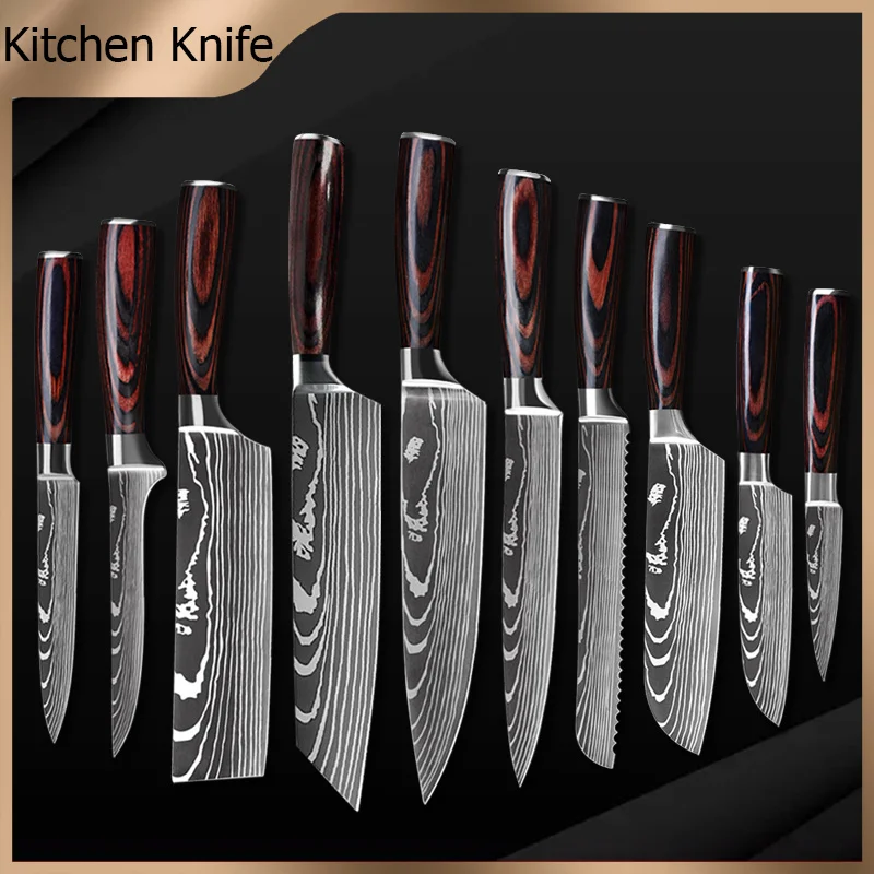 kitchen knives 1-10pcs 7CR17 High Carbon Stainless Steel Damascus Drawing Cleaver Set Slicer Santoku Chef knife Cooking Cutter