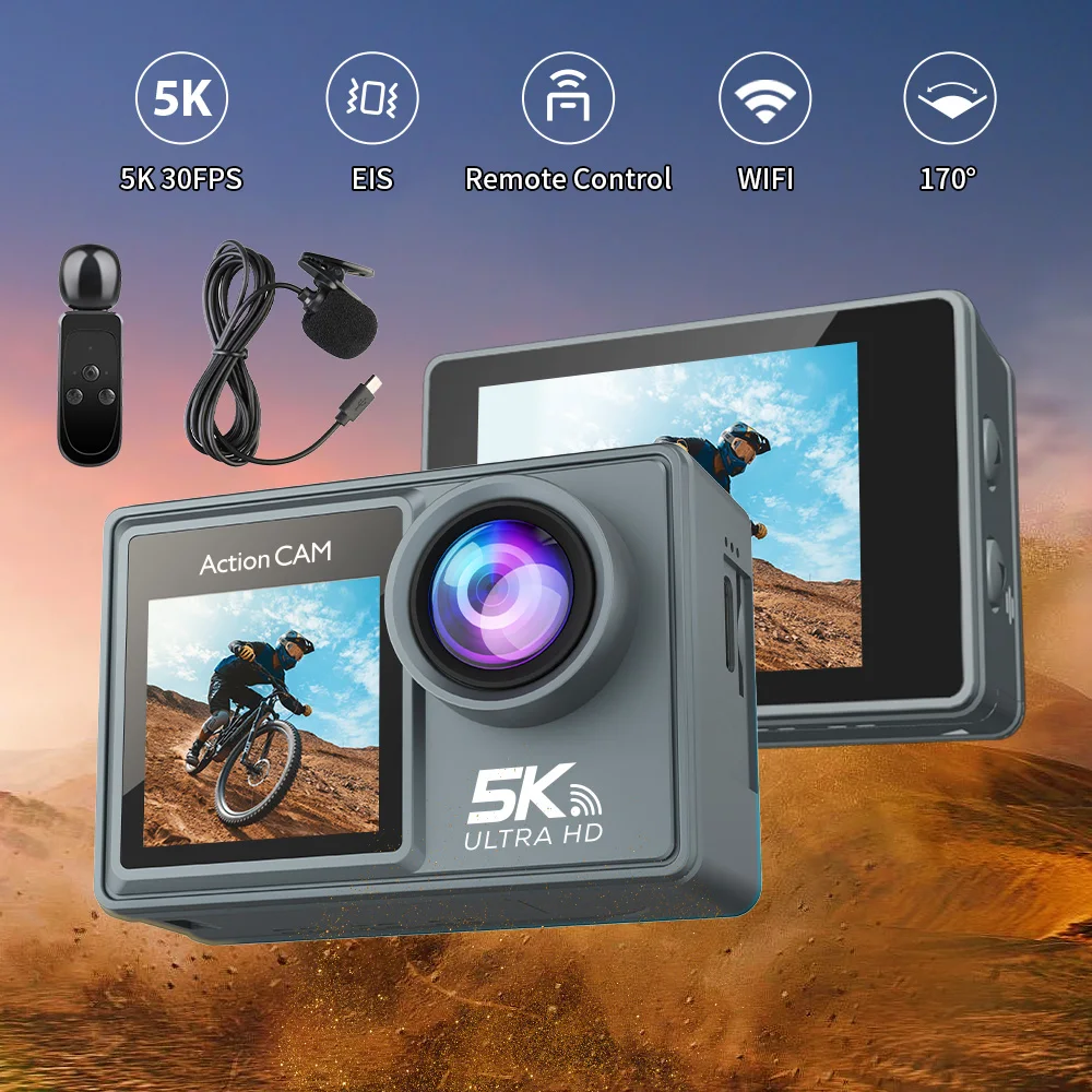 5K 4K60FPS Action Camera Dual IPS Touch LCD EIS 170° DVR 30M Waterproof Upgraded 5X Zoom Sport Camera With Wireless Mic