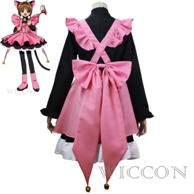 Anime Kinomoto Sakura Card Captor Card Captor Sakura Costume Cosplay Parrucca Magic Girl Nero Rosa Gatto Abito Uniforme Vestito di Halloween