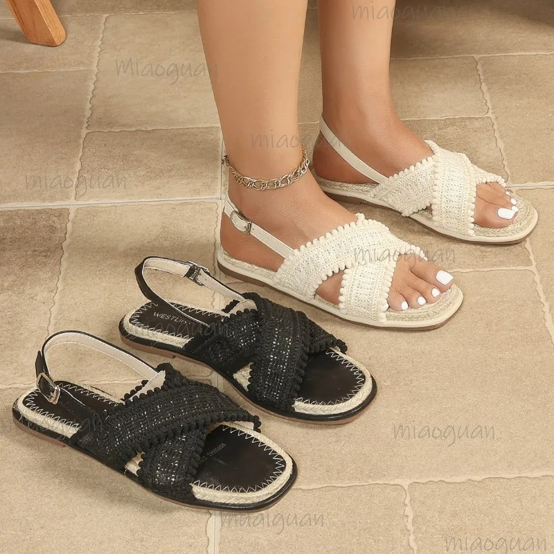 Sandalias Planas de Esparto con Tiras Cruzadas para Mujer, Sandalias Planas con Hebilla en el Tobillo, Sandalias Transpirables de Estilo Bohemio para Verano, Zapatos Casuales de Playa para Mujer