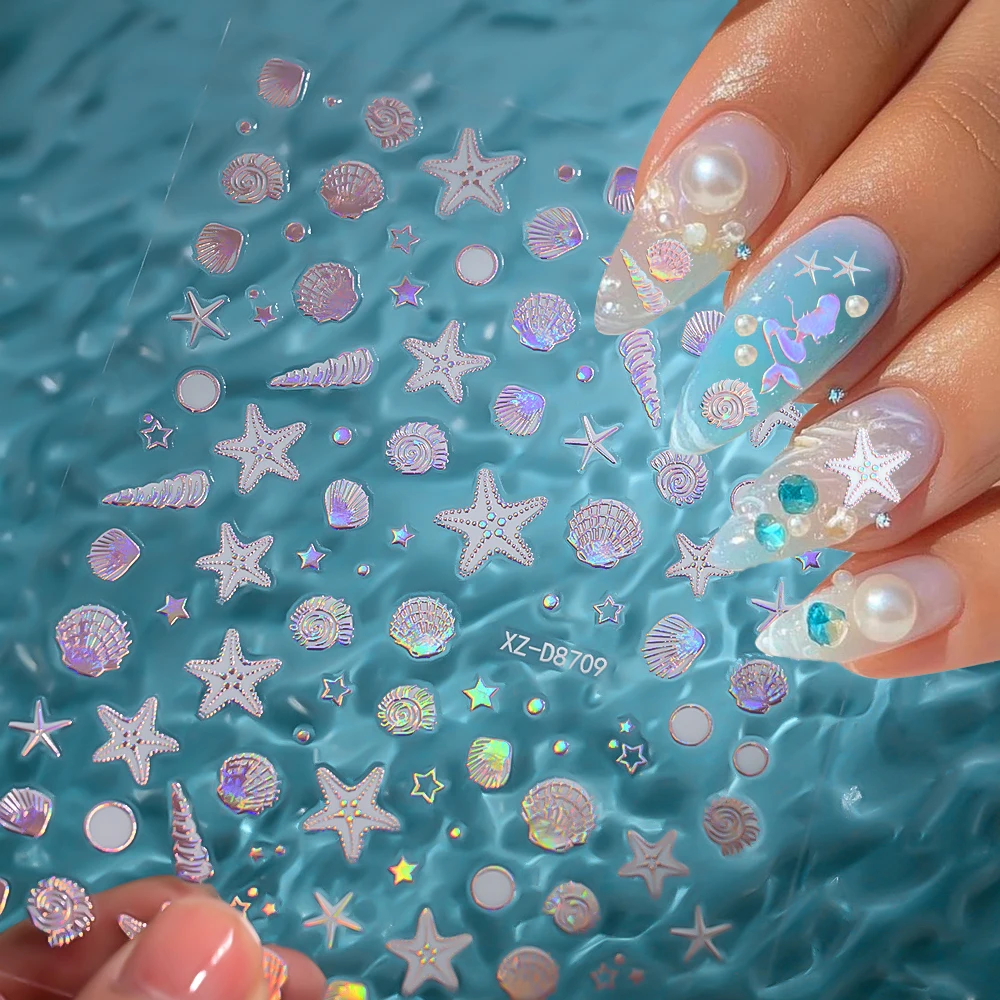 

3D Starfish Seashell Summer Beach Nail Sticker Pink Purple Shiny Laser Ocean Nail Decals Aurora Shell Screw Mermaid Nail Sticker