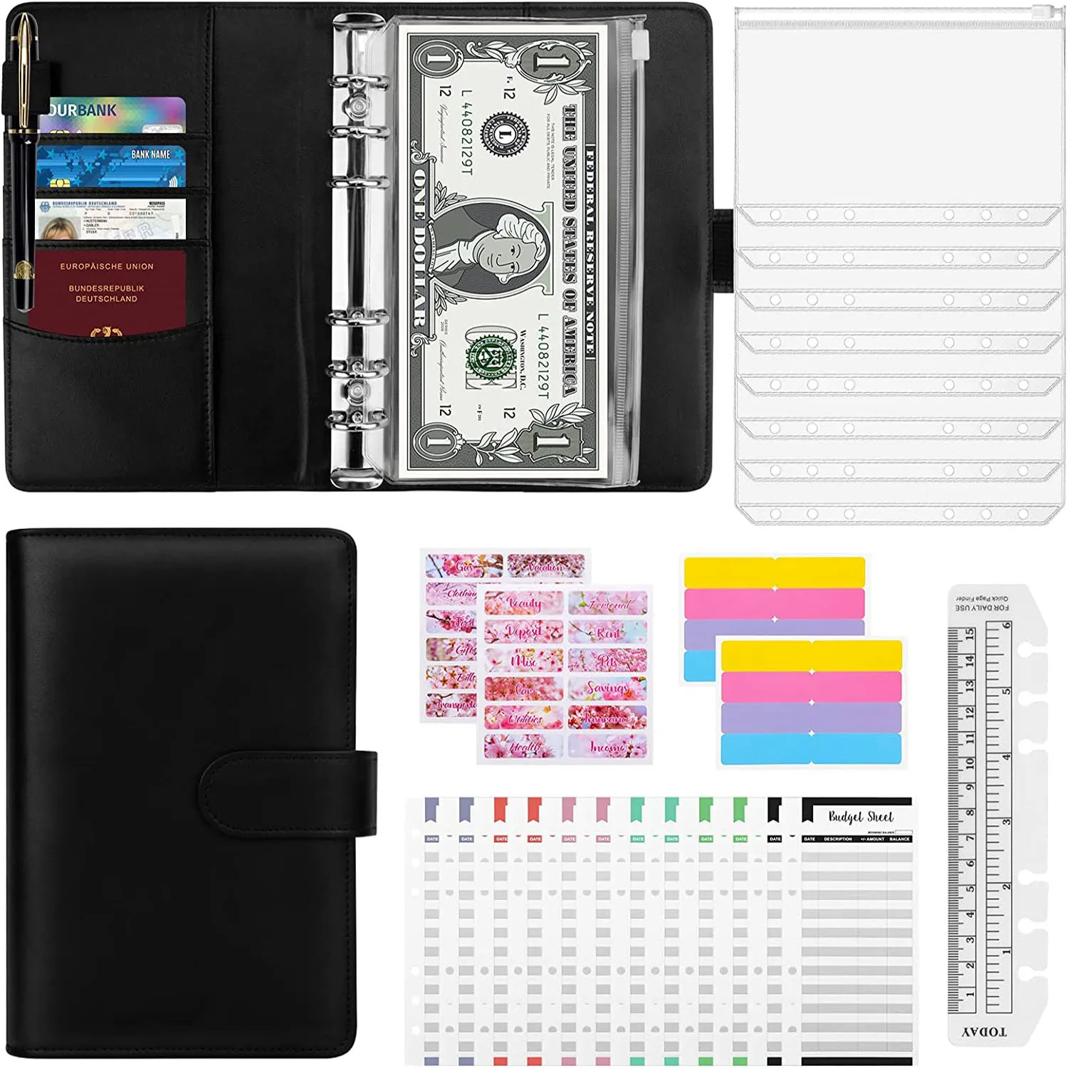 

A6 Budget Binder with Zipper Cash Envelopes for Budgeting, Money Organizer Binder Wallet, Expense Budget Sheets, Letter Labels