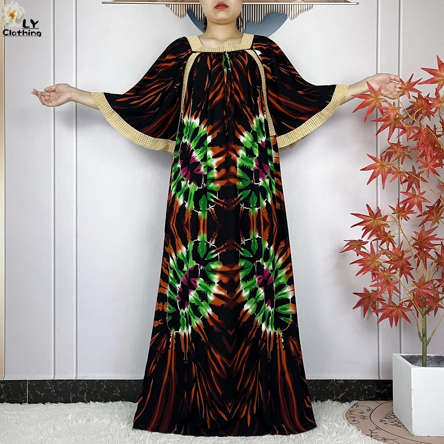 New Muslim Dress Woman Short Sleeve Dashiki African Abaya Tie-dyed Printing Cotton Loose Femme Robe Islamic Dresses With Scarf