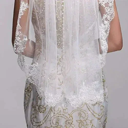 Bride Wedding Veil Short 1 T Fingertip Length Lace Veil Embroidered Bridal Tulle Hair Accessories Mental Comb for Brides