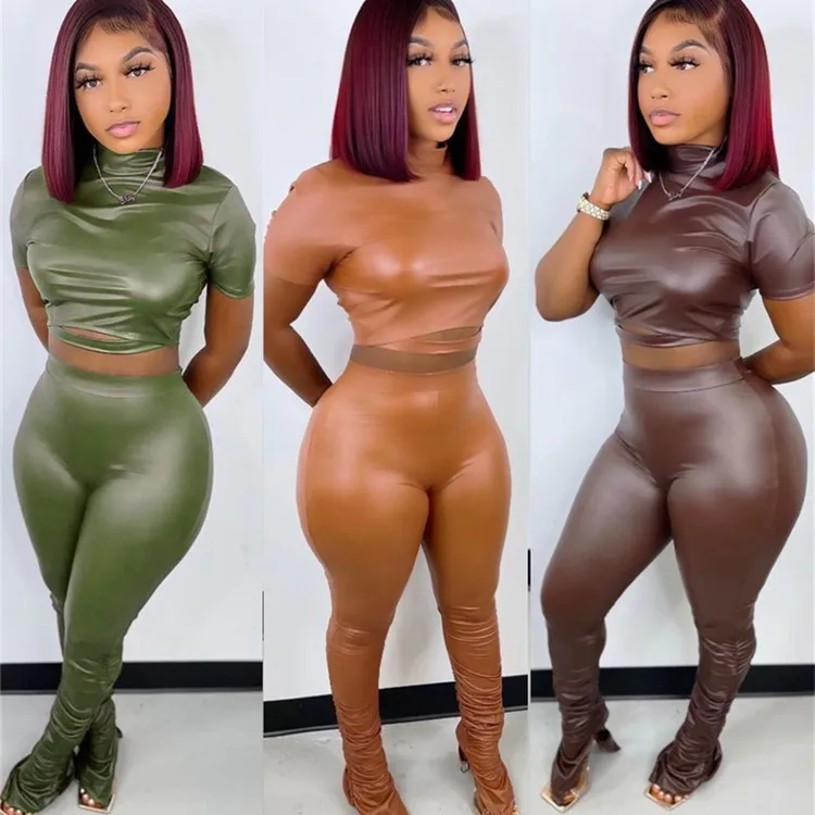 

Women's 2-piece Set Casual Pants Crop Top Long Trousers Solid Color Stretchy Leggings Olive Green High Neck Skinny Pants