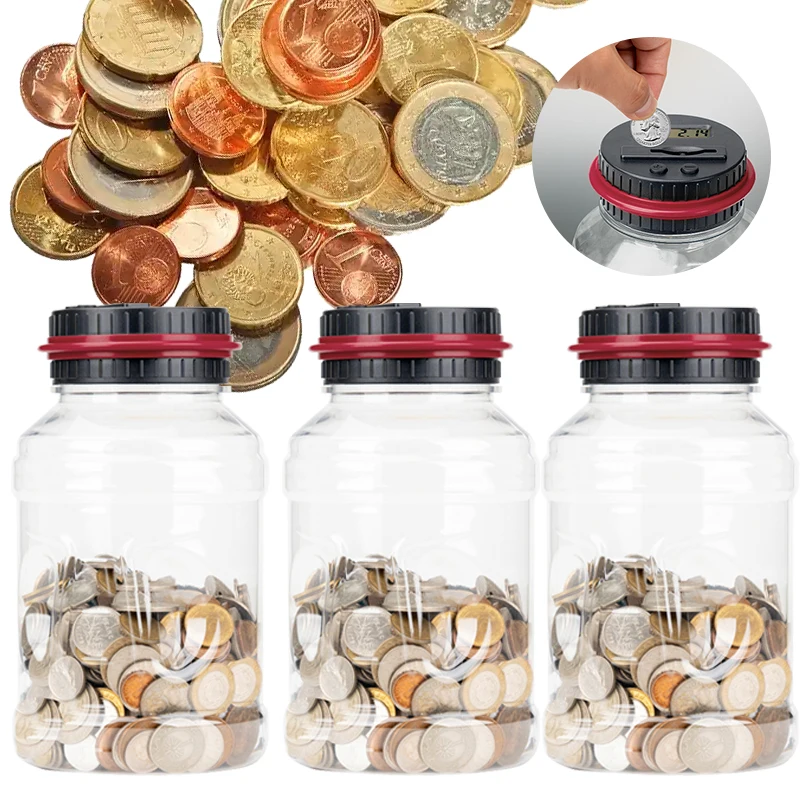 

USD UK Pound Euro Ringgit Malaysia Taiwan Coins Counting Machine, Money Jar Piggy Bank for Adults, Red