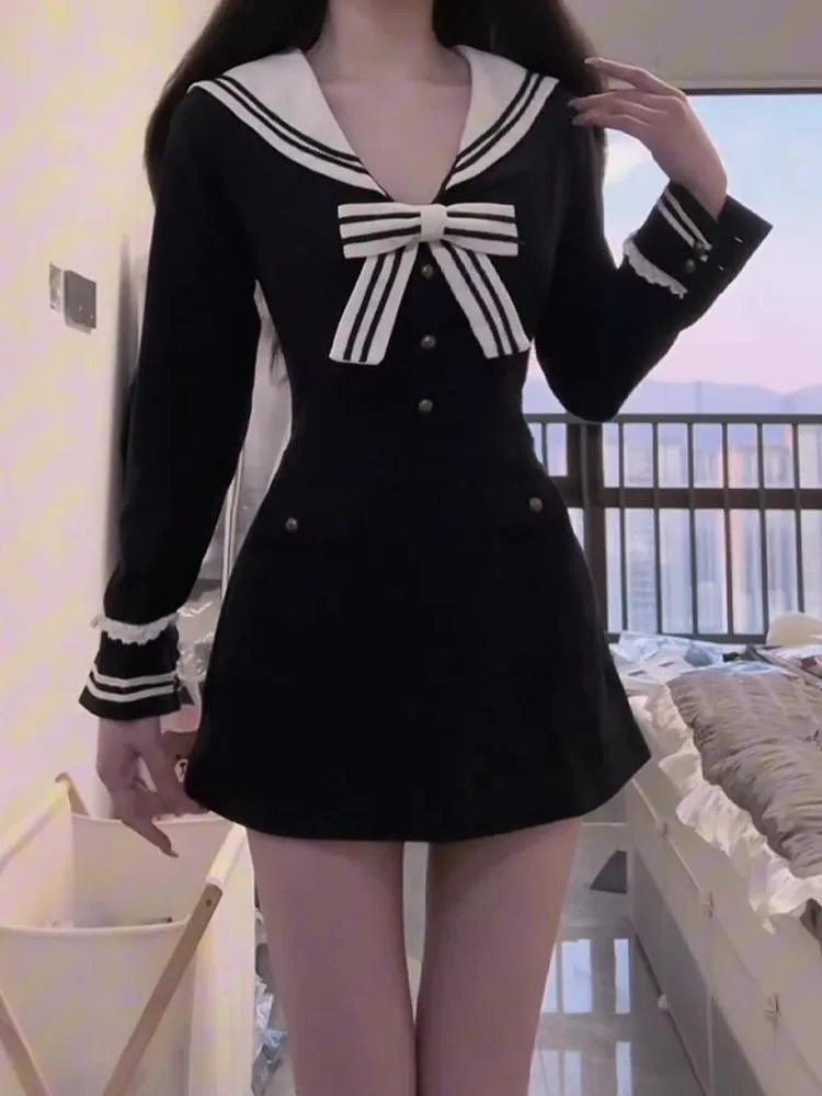 2025 Spring Sweet Lapel Tie Dress Women Korean Fashion Thin Fake Two A-line Dresses Preppy Style Ruched Casual Clothing Party