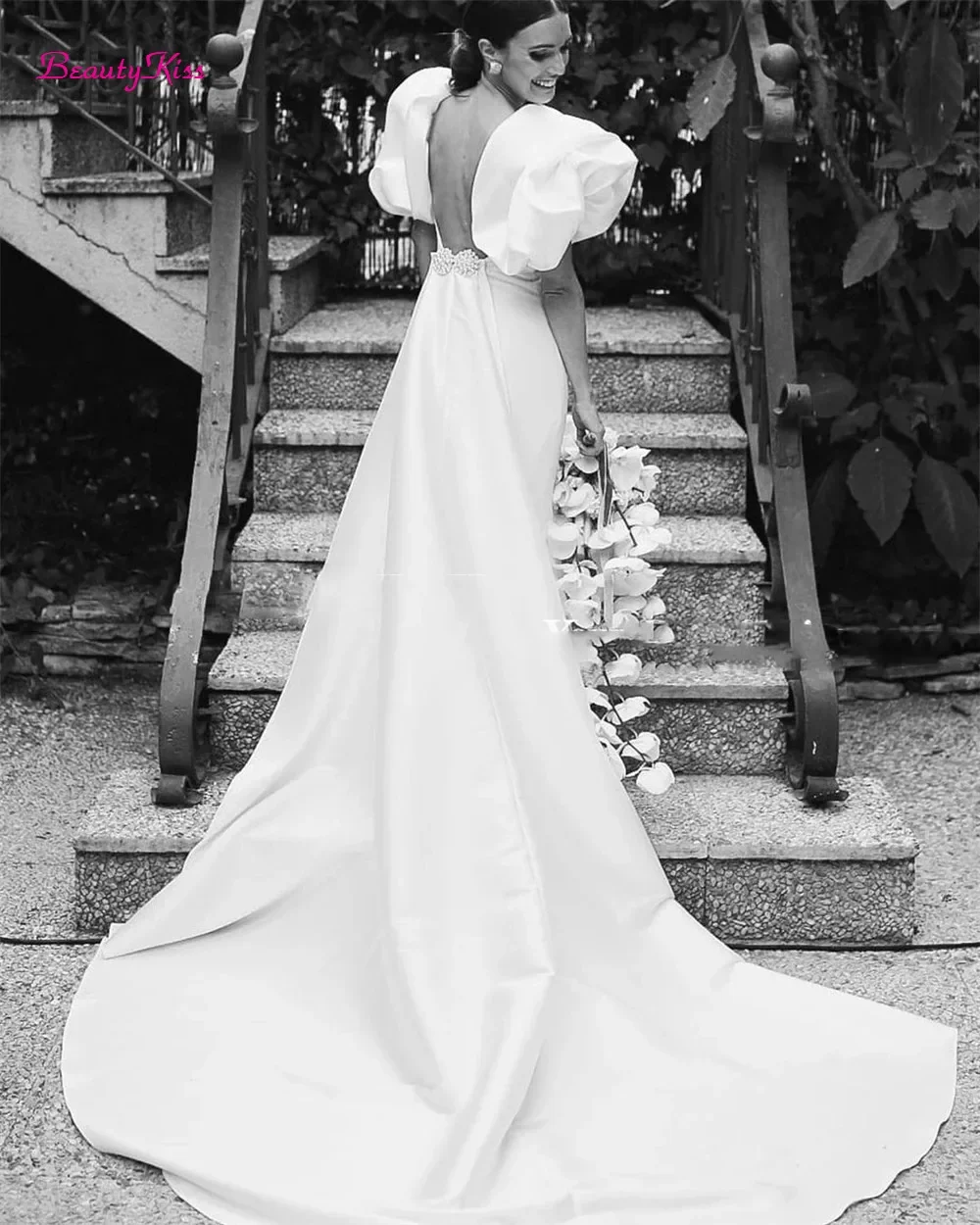 Robes de mariée sirène simples et solides, col carré froncé, manches bouffantes, robe de bal de soirée, longues robes de mariée élastiques, 2026