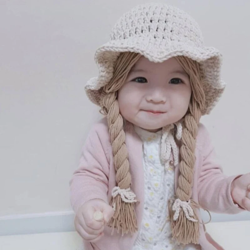 1-5 Yrs Autumn Winter Girls Hat Kids Hand Knitted Caps With Braids Children Fashion Wigs Hat Plaits Wig Bonnet Photo Accessories