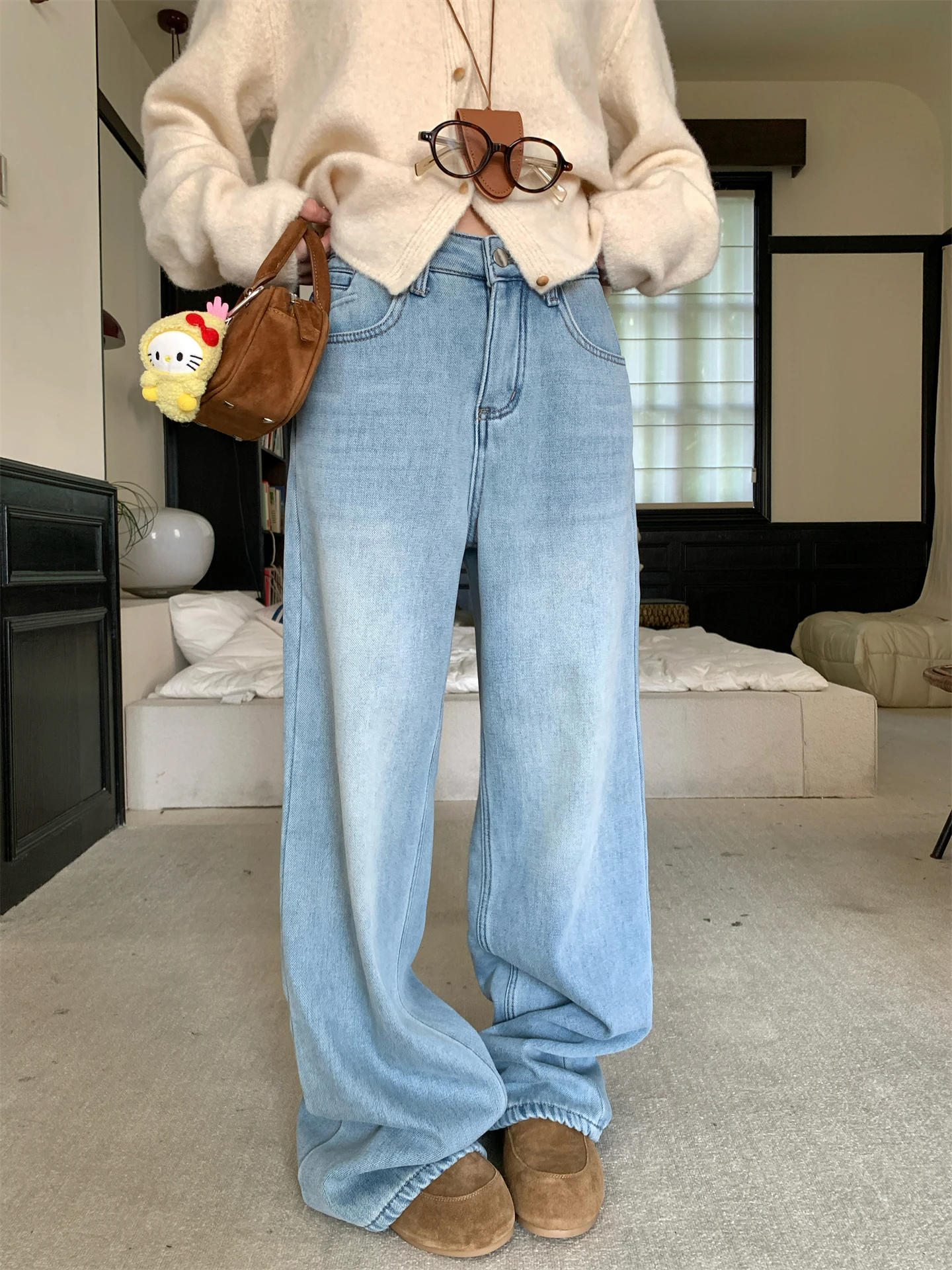 

Женские зимние теплые джинсы с высокой талией, на флисовой подкладке, прямые, широкие, в пол, из комфортного хлопкового денима