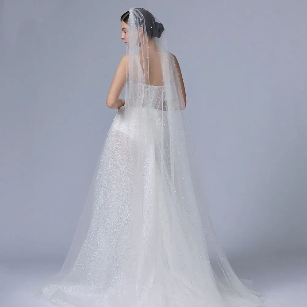 Voile de Mariage avec Perles et Peigne, 100% Fait à la Main, Accessoires de Mariage, 3m, de Luxe, Élégant