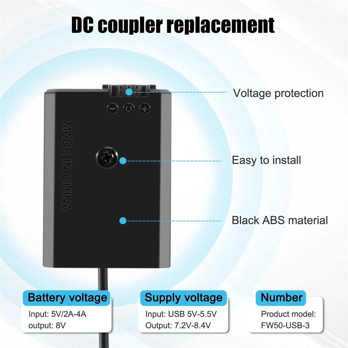 

T501C- USB Charging Cable NP-FW50 Dummy Battery Spring Wire for A7 A7R A7S A7M A7II A7S2 A7M2 A7R2 A6500 A6300 DC Coupler