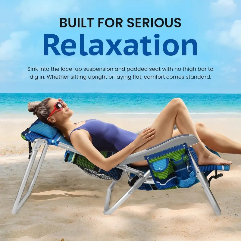 كرسي شاطئ Cooler+ قابل للطي مع 5 أوضاع، وقضيب منشفة، وحقيبة تبريد XL، وشبكة تخزين، وحامل أكواب وهاتف،