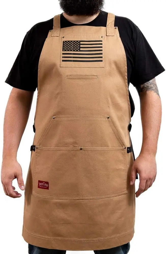 

BBQ Apron with 5 Pockets, Cross-Back Design, Tool Loops, 10 oz Cotton - Ideal for Grilling and Workshops