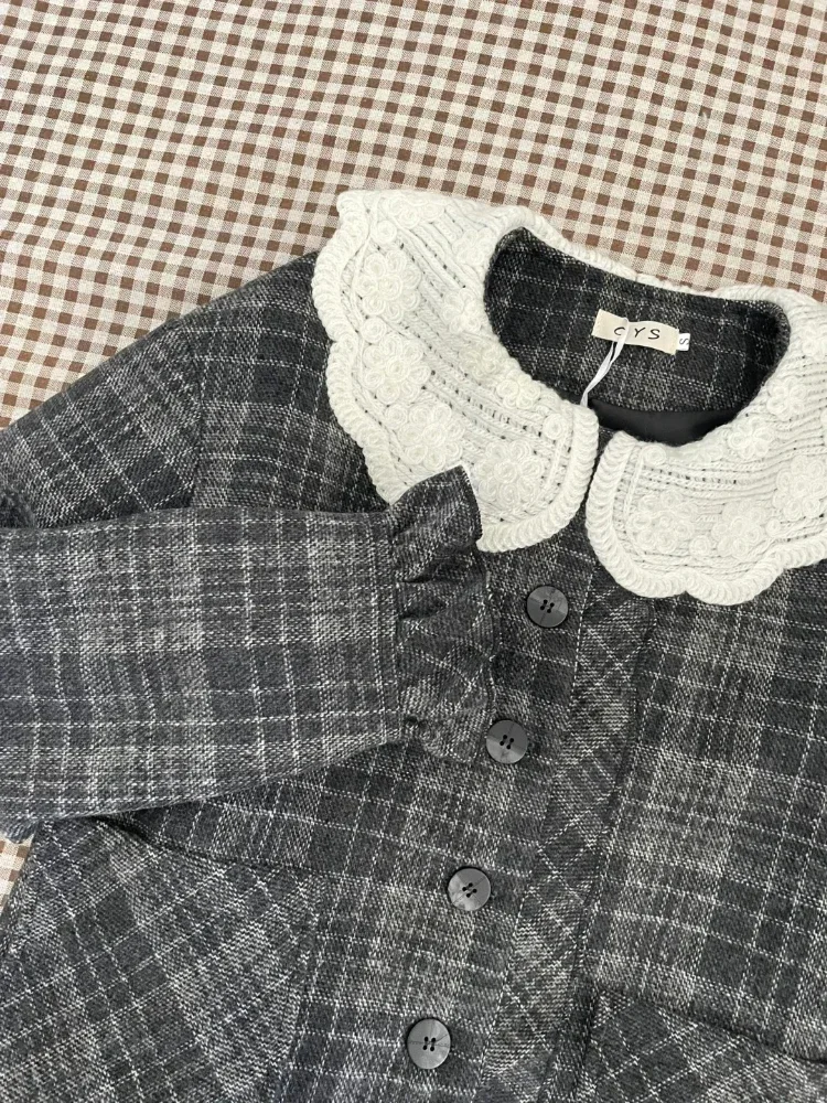 Autumn Japanese Vintage Sweet 2PC Set Female Single Breasted Peter Pan Collar Coat+mini Plaid Skirt Casual Plus Size Women Suits