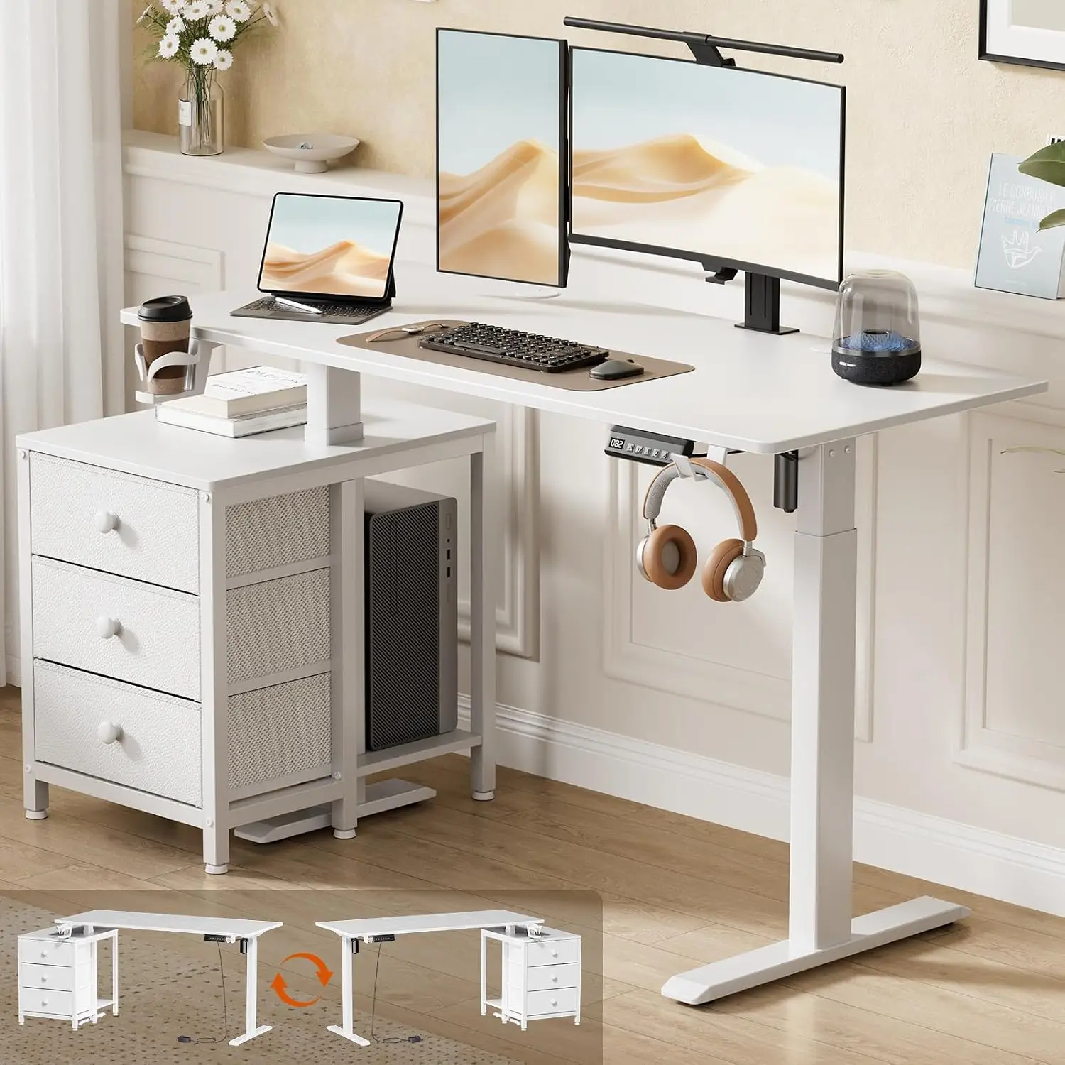 47 Inch White Electric Height Adjustable Standing Desk With Drawers, Customized