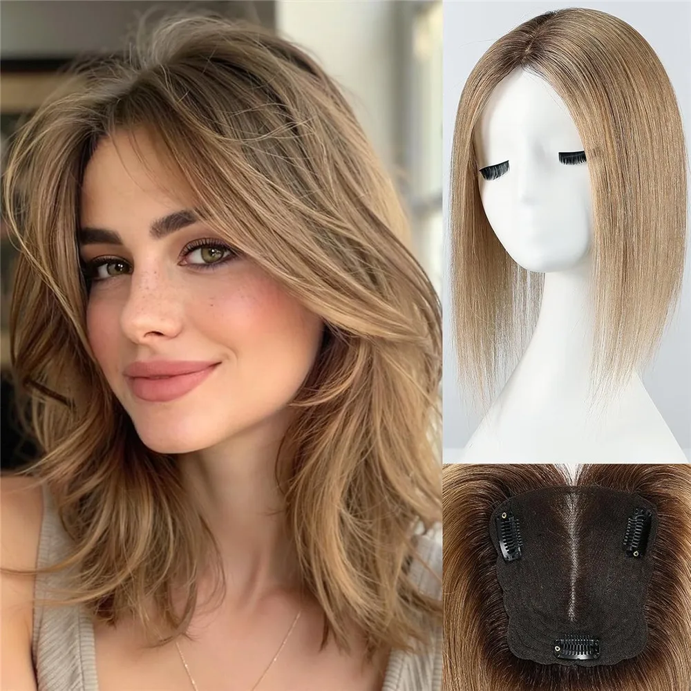 

Коричневые топперы из натуральных волос с эффектом омбре, 4,5*5 дюймов, кружевная основа, топпер из 100% натуральных волос для женщин с истонченными волосами, повседневная праздничная одежда