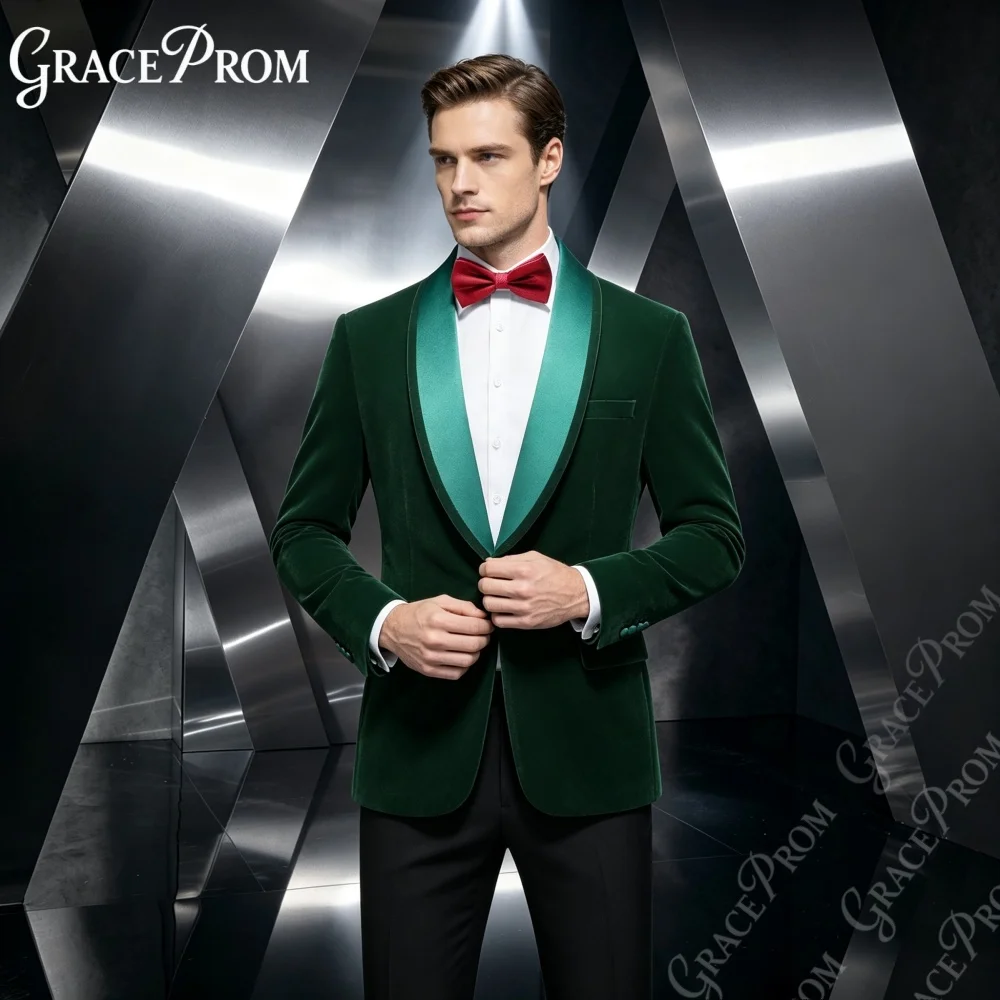 Classic Dark Green Velvet Men 2PCS Suit 2027 Slim Fit Satin Shawl Blazer Trousers Formal Wedding Groom Prom Party Custom Tuxedo