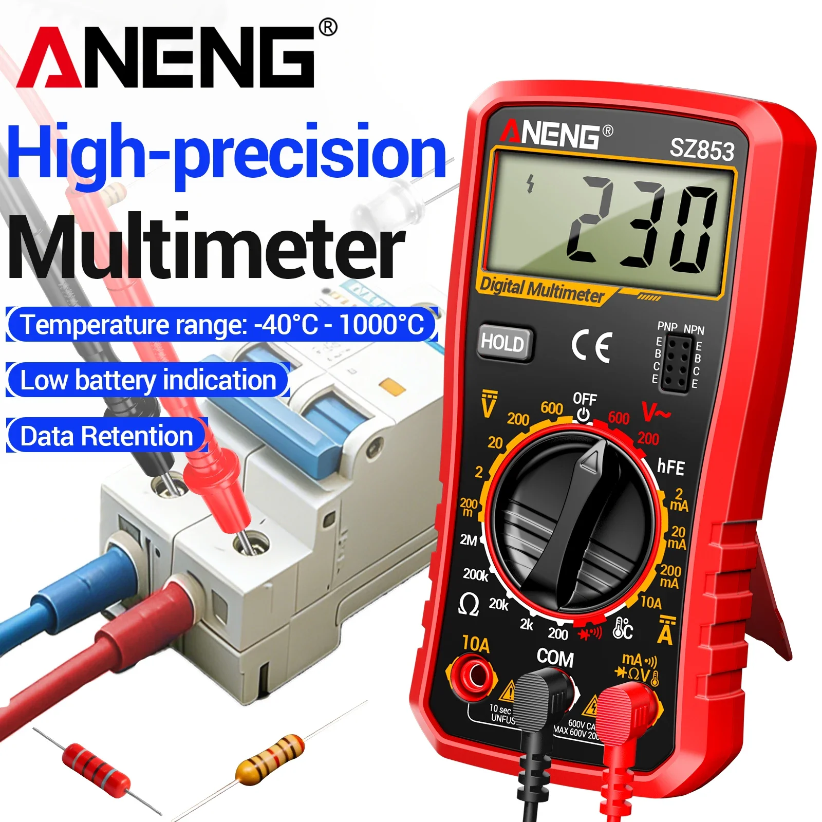 ANENG SZ853 Handheld Multimeter Temperature Measuring Meter HFE Transistor Test Low Battery Indication Electrician Multitester