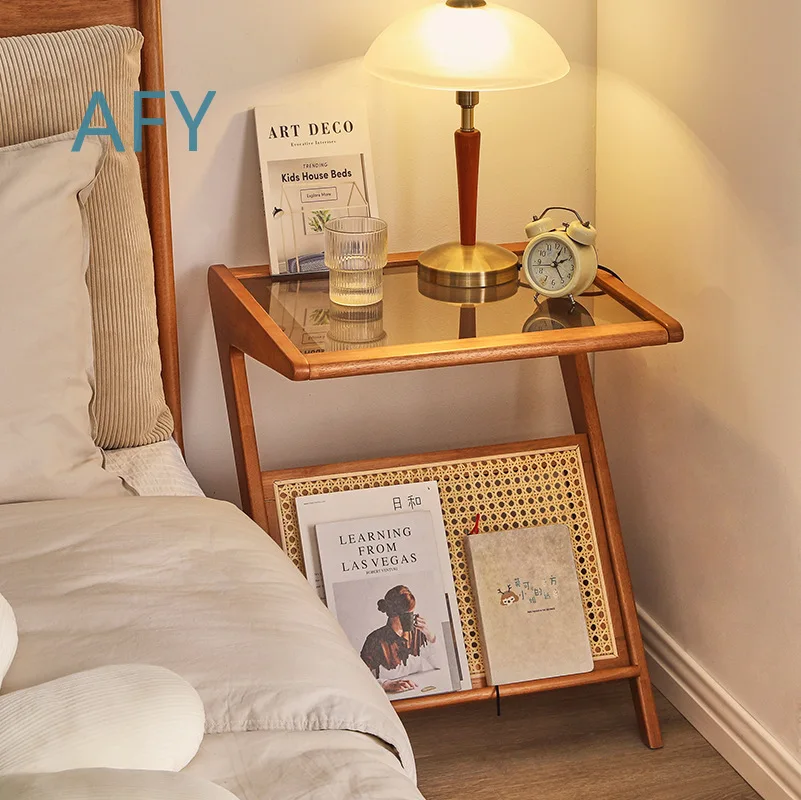 Solid Wood Sofa Side Table for Living Room Coffee Table Rack with Removable Rattan Edge Corner Design Glass Top Minimalist