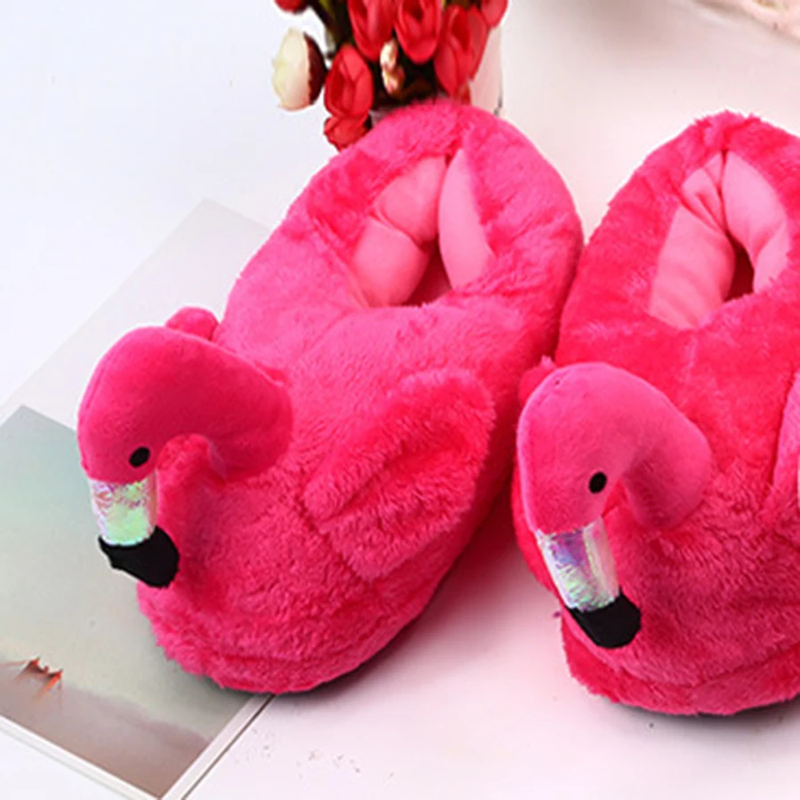 Red Flamingo Plush Slippers Women Indoor Thickened Warm Anti-slip Shoes Women\'s Fulffy Fur Slides Couple Home Cotton Slippers