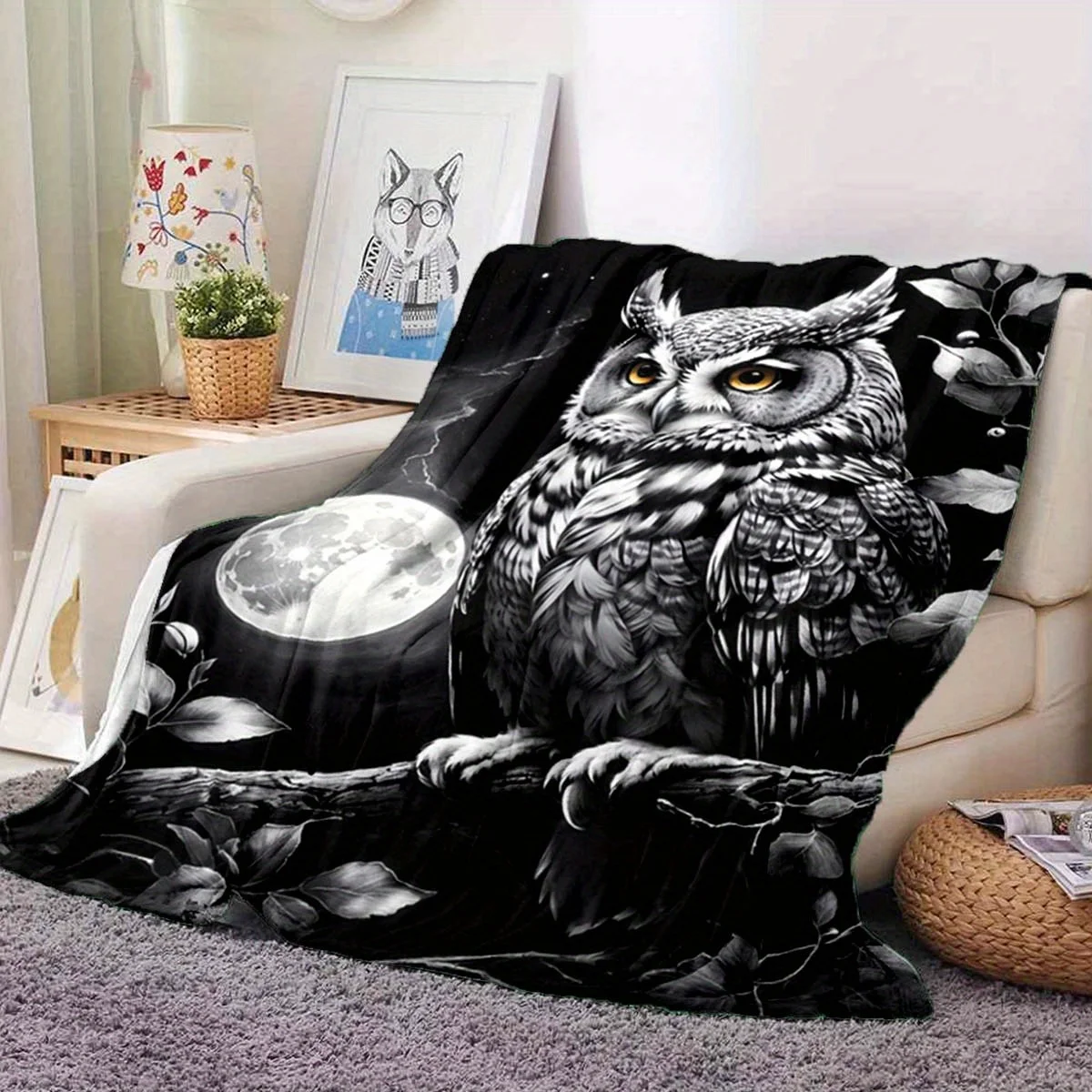 

1pc Ultra-Soft Cozy Owl-Themed Blanket - Moon Patterned Flannel Throw Multi-Purpose Holiday Gift